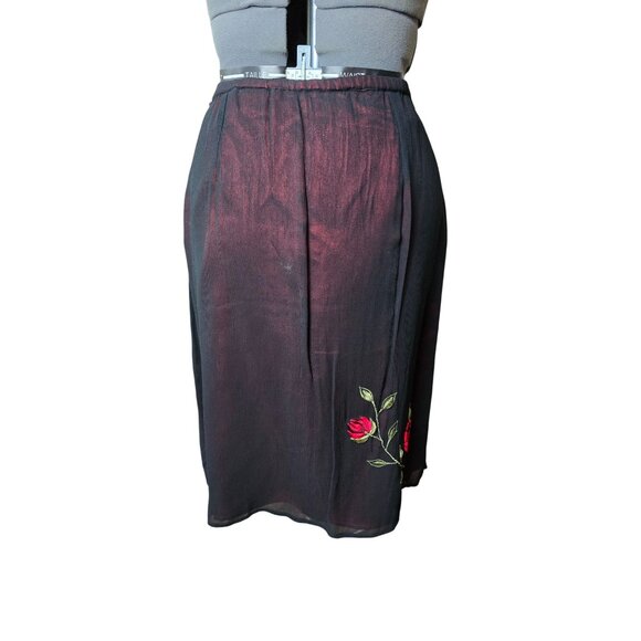 Vtg 90s Floral Embroidered Black Mesh Overlay Red Satin Skirt Medium - Picture 2 of 5